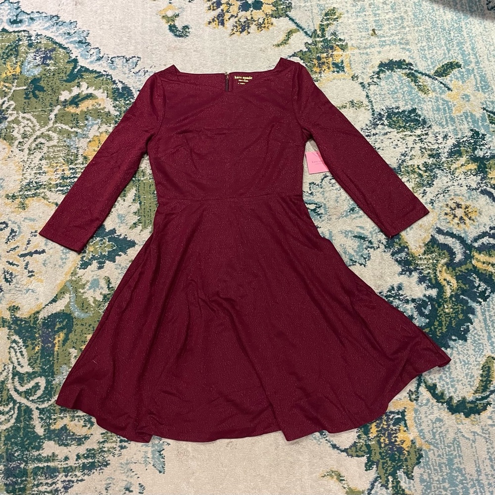 NEW $198 Kate Spade sparkle size 4 knit dress 3/4 sleeve burgundy fig a-line